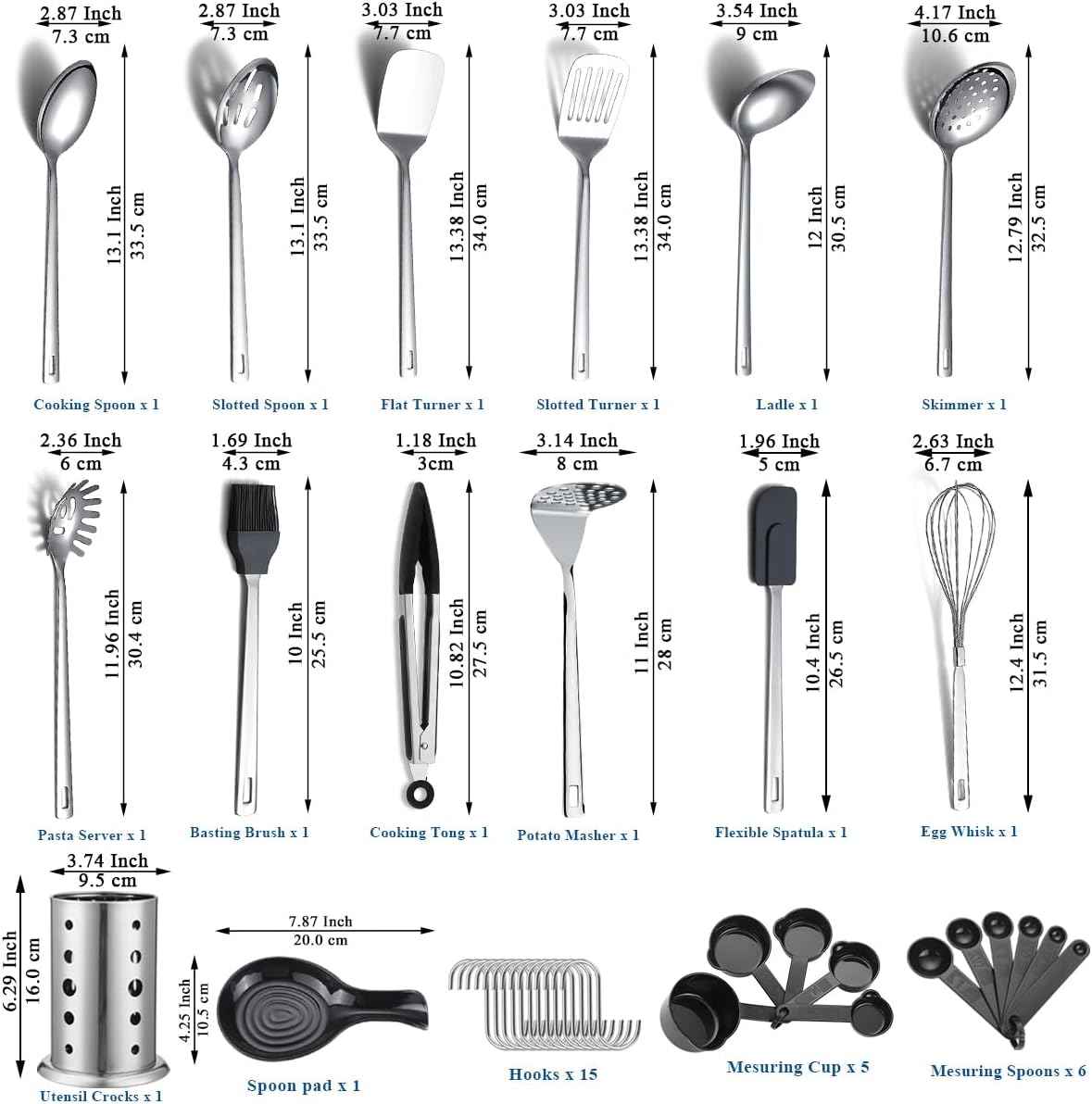 Stainless Steel Kitchenware Set 40 Pieces with Holder - Essential for Every Kitchen - The Silver Spoon