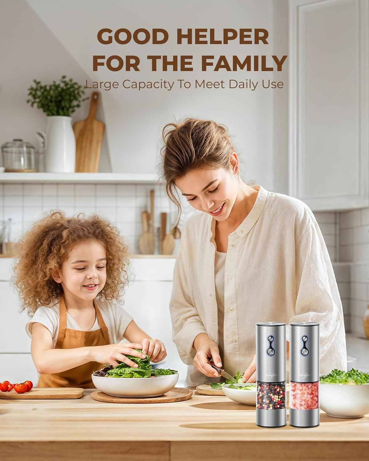 Electric Salt and Pepper Mill Set - Rechargeable Stainless Steel Automatic Grinder - The Silver Spoon