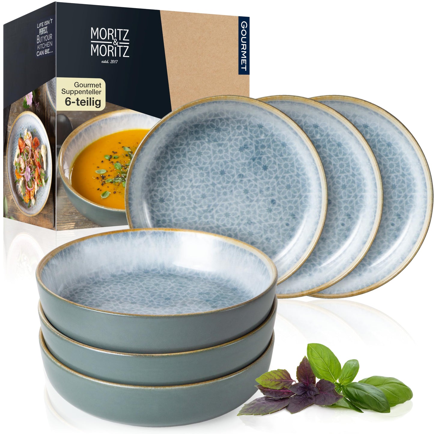 Moritz & Moritz TERRA 18-Piece Dinnerware Set for 6 People, Plate Set in Bright Blue, Made of High Quality Porcelain Dinner Set for 6 People, 6 x Dinner Plates, Dessert Plates and Bowls Each