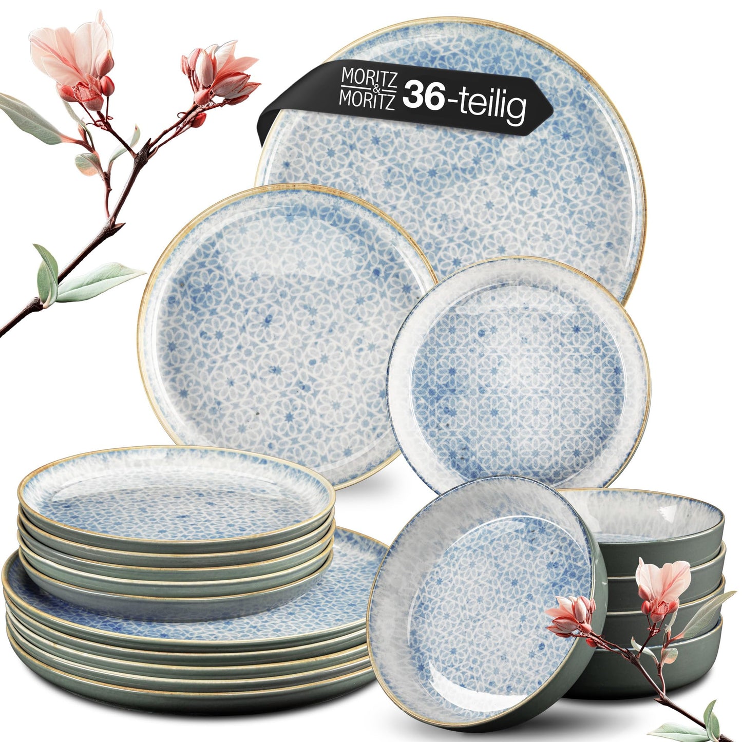 Moritz & Moritz TERRA 18-Piece Dinnerware Set for 6 People, Plate Set in Bright Blue, Made of High Quality Porcelain Dinner Set for 6 People, 6 x Dinner Plates, Dessert Plates and Bowls Each