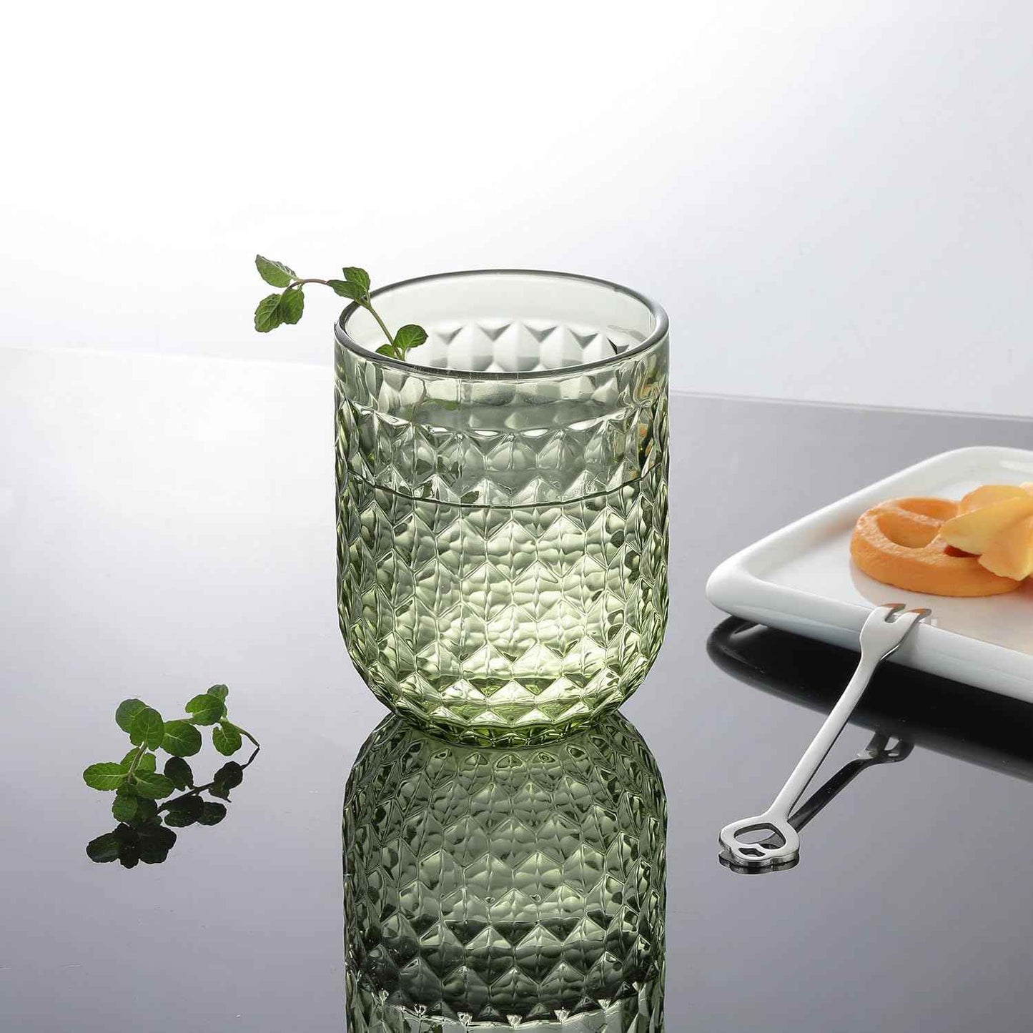 Joeyan Set of 6 Green Water Glass Glasses, 200 ml, Embossed Glass, Elegant Retro Colour Tableware, Glassware for Bar, Restaurant Home, Dishwasher Safe