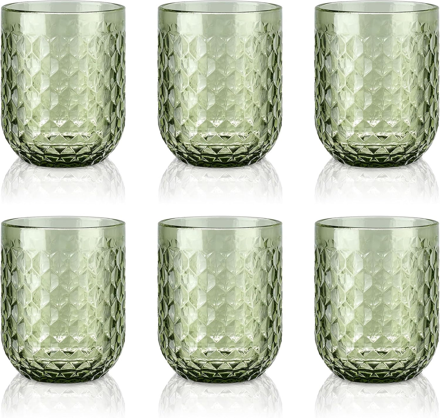 Joeyan Set of 6 Green Water Glass Glasses, 200 ml, Embossed Glass, Elegant Retro Colour Tableware, Glassware for Bar, Restaurant Home, Dishwasher Safe