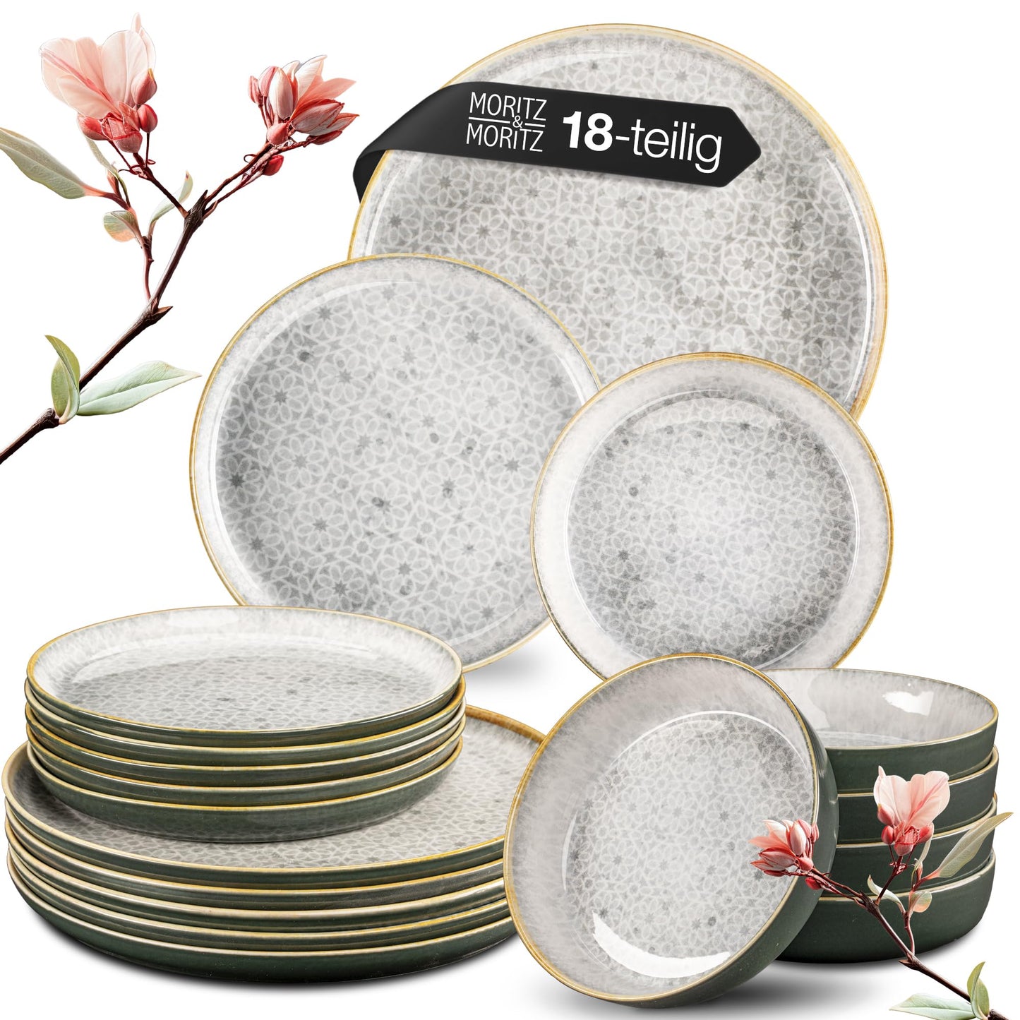 Moritz & Moritz TERRA 18-Piece Dinnerware Set for 6 People, Plate Set in Bright Blue, Made of High Quality Porcelain Dinner Set for 6 People, 6 x Dinner Plates, Dessert Plates and Bowls Each