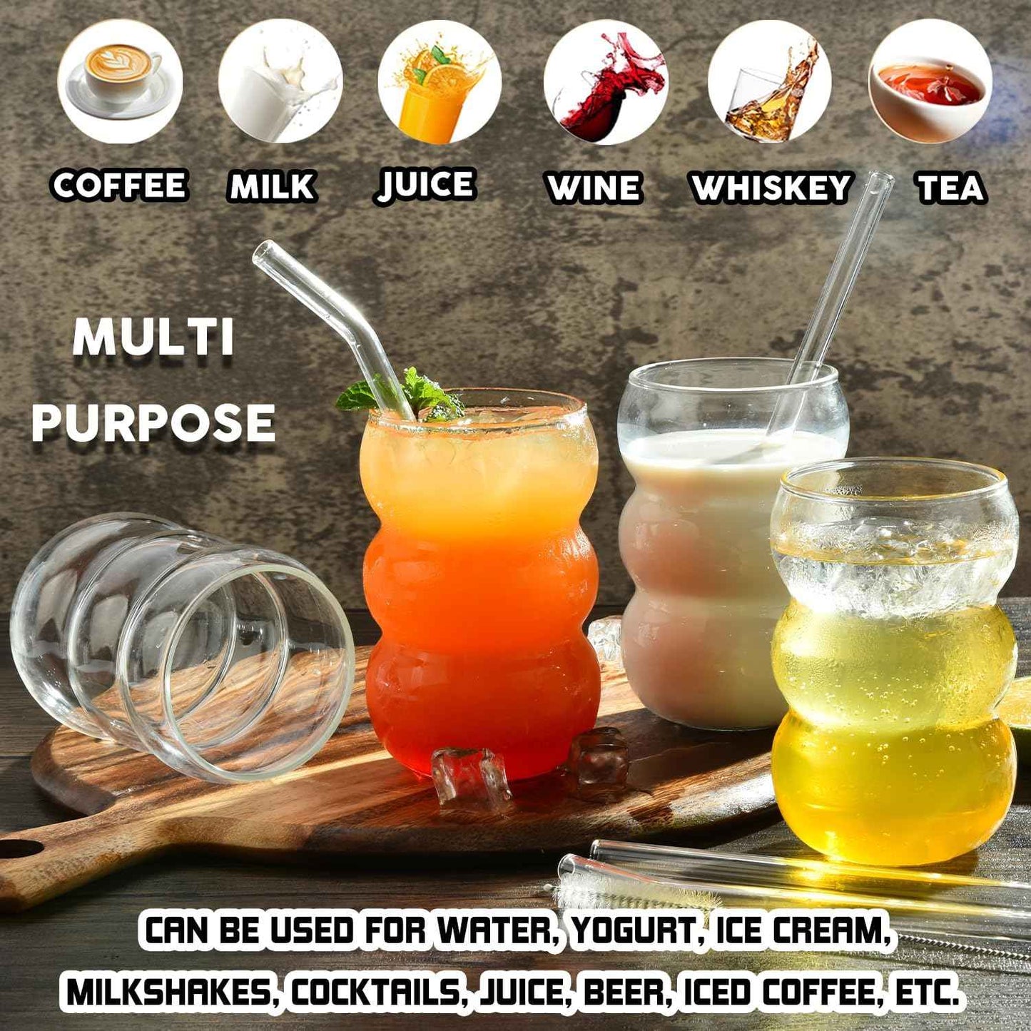 ALINK Bubble Glasses, Set of 4 Drinking Glasses, 550 ml, Wavy Drinking Glasses, Latte Macchiato Glasses, Iced Coffee Glasses, Long Drink Glasses, Cocktail Glasses