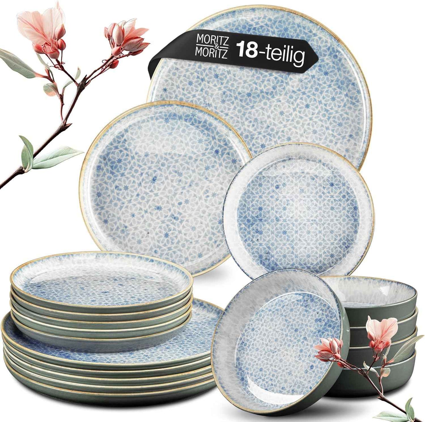 Moritz & Moritz TERRA 18-Piece Dinnerware Set for 6 People, Plate Set in Bright Blue, Made of High Quality Porcelain Dinner Set for 6 People, 6 x Dinner Plates, Dessert Plates and Bowls Each