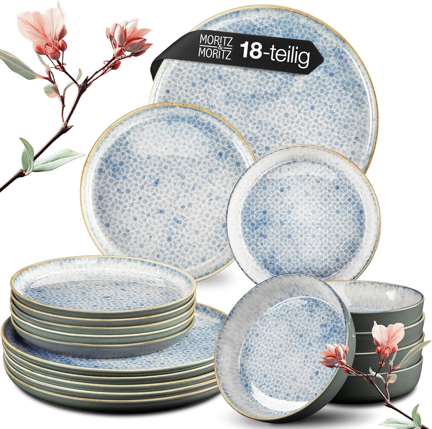 Moritz & Moritz TERRA 18-Piece Dinnerware Set for 6 People, Plate Set in Bright Blue, Made of High Quality Porcelain Dinner Set for 6 People, 6 x Dinner Plates, Dessert Plates and Bowls Each