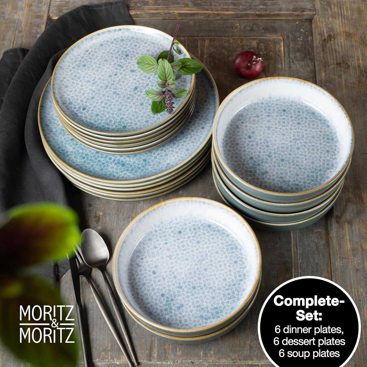 Moritz & Moritz TERRA 18-Piece Dinnerware Set for 6 People, Plate Set in Bright Blue, Made of High Quality Porcelain Dinner Set for 6 People, 6 x Dinner Plates, Dessert Plates and Bowls Each