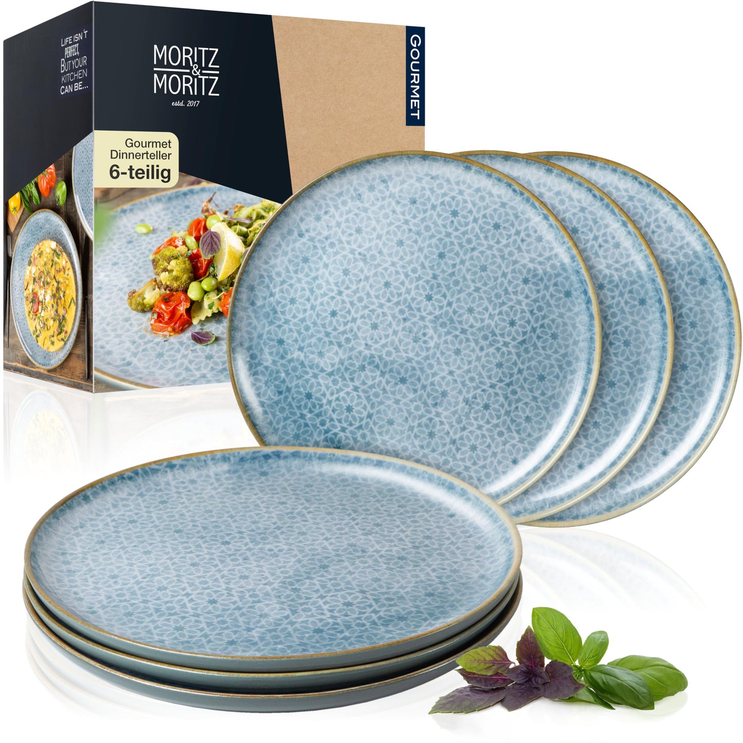 Moritz & Moritz TERRA 18-Piece Dinnerware Set for 6 People, Plate Set in Bright Blue, Made of High Quality Porcelain Dinner Set for 6 People, 6 x Dinner Plates, Dessert Plates and Bowls Each