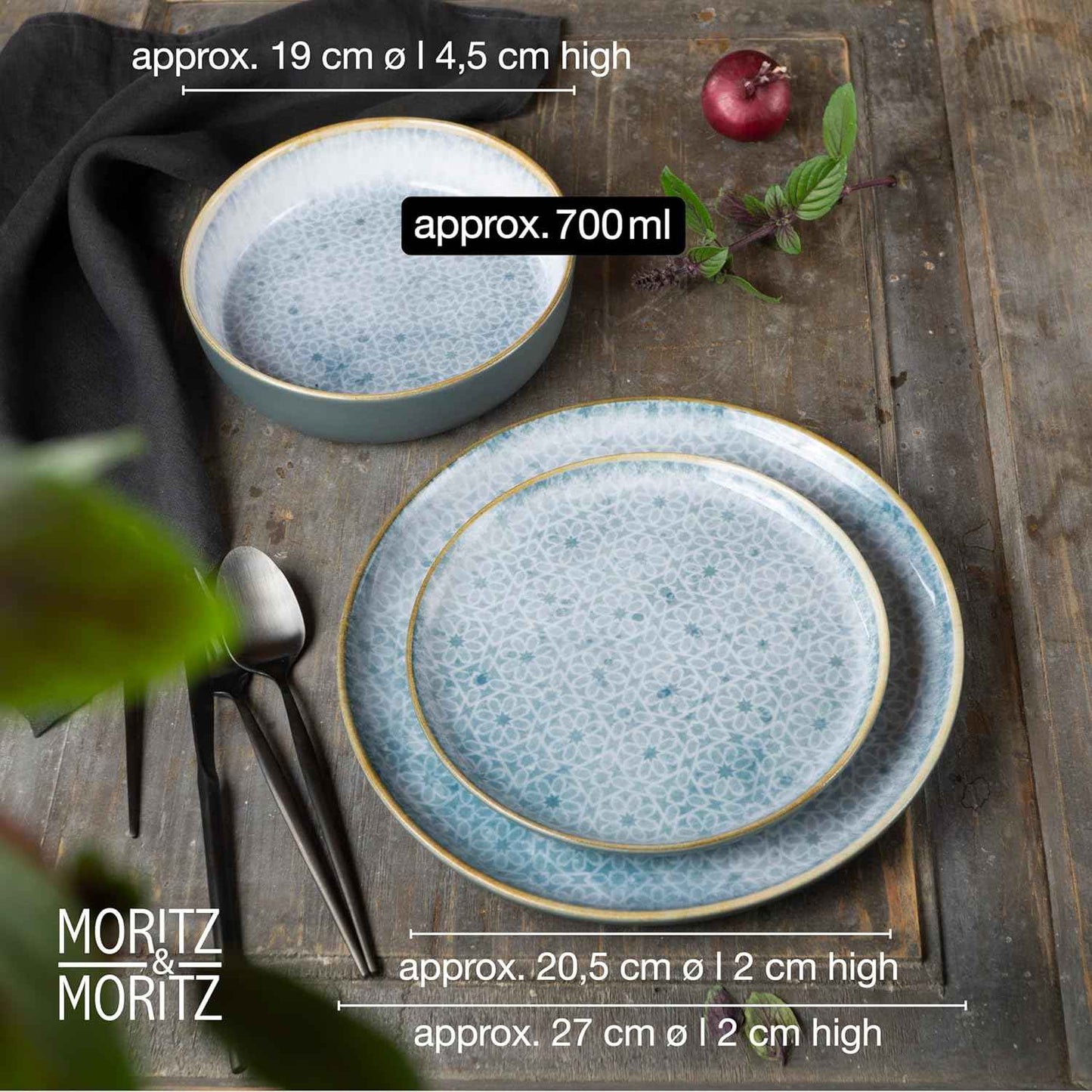 Moritz & Moritz TERRA 18-Piece Dinnerware Set for 6 People, Plate Set in Bright Blue, Made of High Quality Porcelain Dinner Set for 6 People, 6 x Dinner Plates, Dessert Plates and Bowls Each