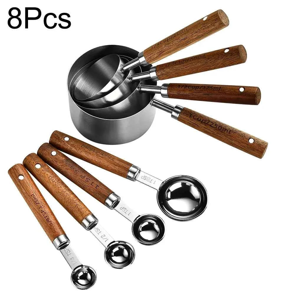 Stainless Steel Measuring Cups and Spoons Set with Scale Wooden Handle - 1/4/8pcs Kitchen Baking Tools - The Silver Spoon