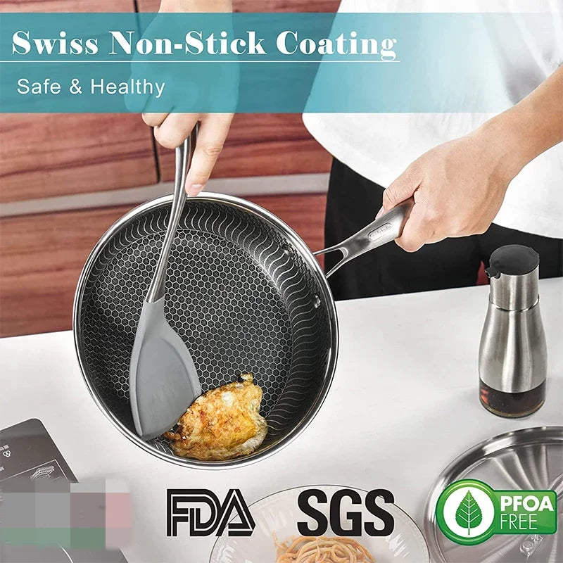 Stainless Steel Nonstick Frying Pan with Honeycomb Design and Lid - The Silver Spoon