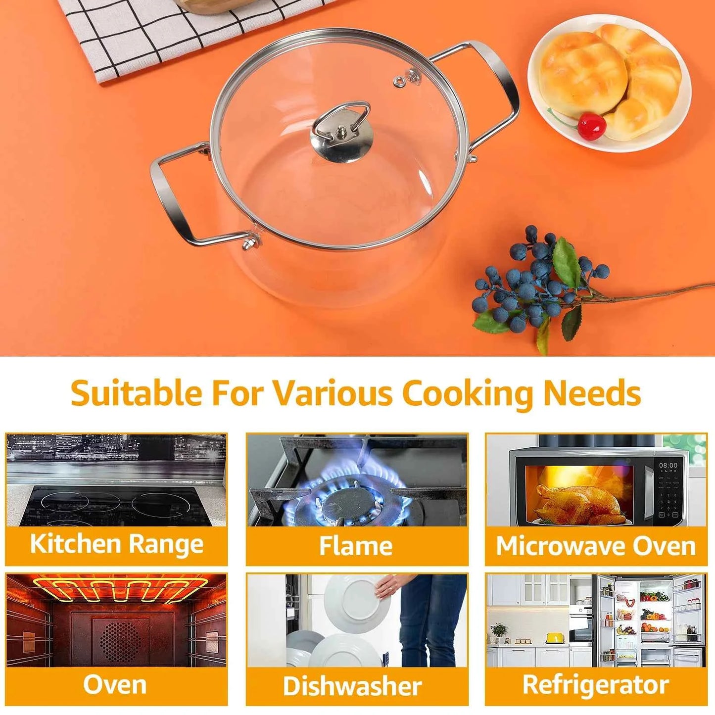Glass Cooking Pot Heat Resistant Simmer Pot with Lid - The Silver Spoon