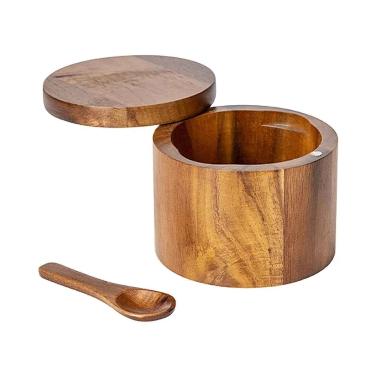 Acacia Wood Spice Jar with Spoon and Swivel Lid - The Silver Spoon
