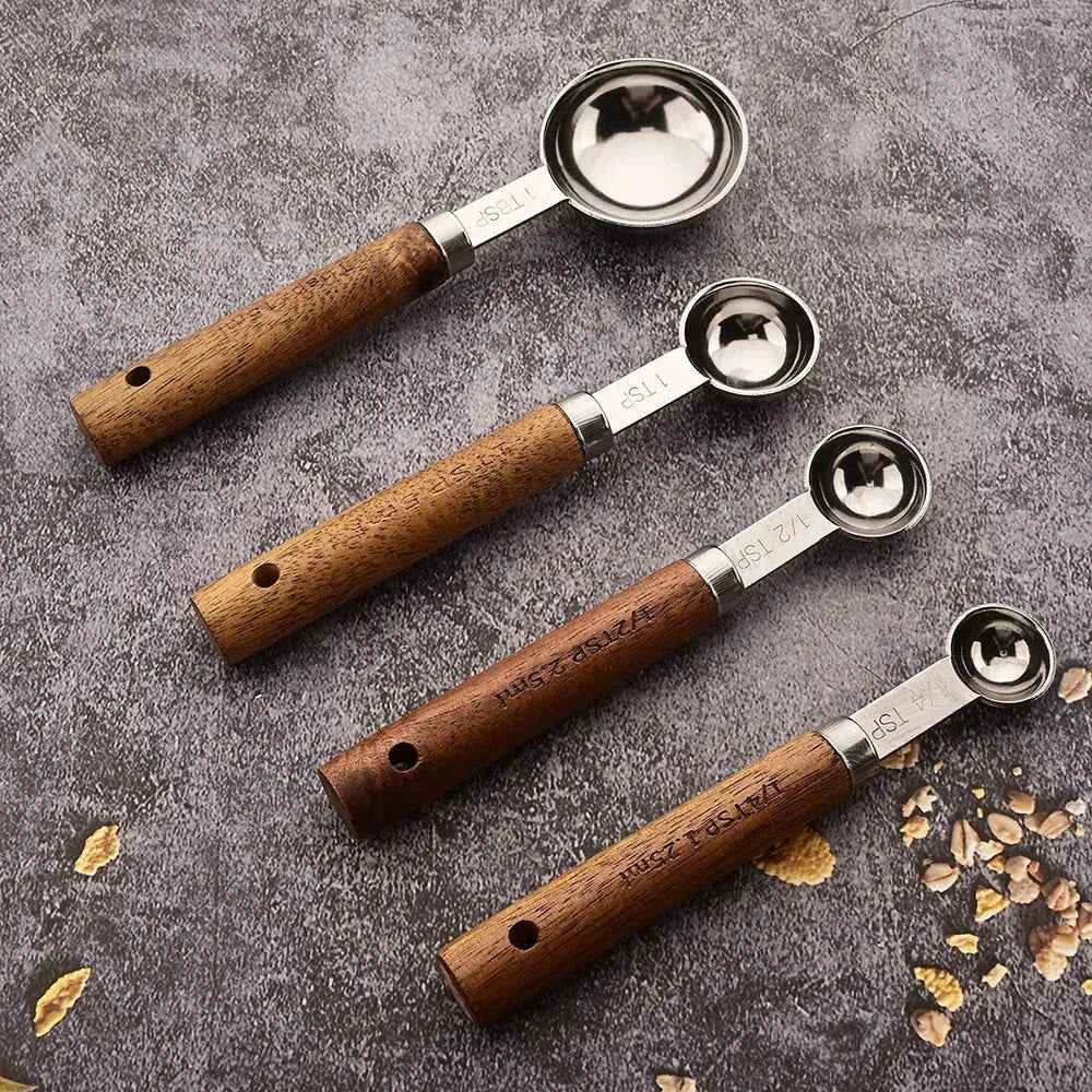 Stainless Steel Measuring Cups and Spoons Set with Scale Wooden Handle - 1/4/8pcs Kitchen Baking Tools - The Silver Spoon