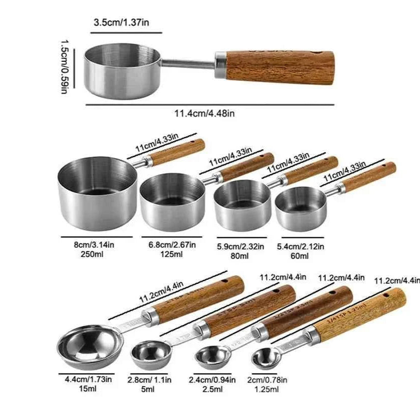 Stainless Steel Measuring Cups and Spoons Set with Scale Wooden Handle - 1/4/8pcs Kitchen Baking Tools - The Silver Spoon
