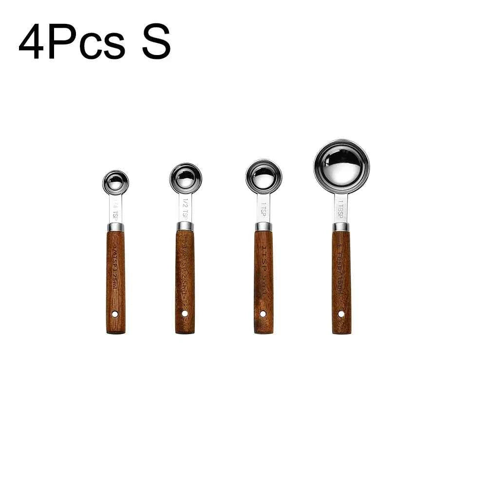 Stainless Steel Measuring Cups and Spoons Set with Scale Wooden Handle - 1/4/8pcs Kitchen Baking Tools - The Silver Spoon