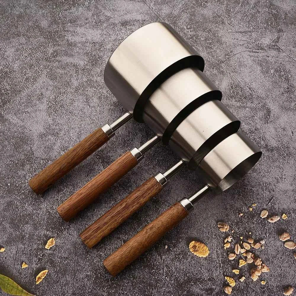 Stainless Steel Measuring Cups and Spoons Set with Scale Wooden Handle - 1/4/8pcs Kitchen Baking Tools - The Silver Spoon