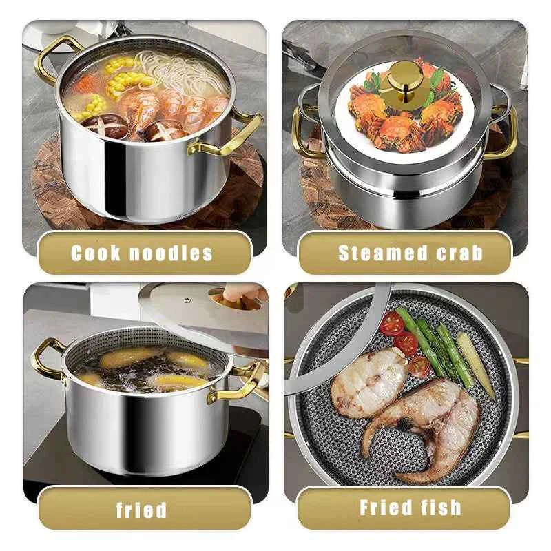 304 Stainless Steel Hot Pot Honeycomb Non-Stick Pot with Lid - The Silver Spoon