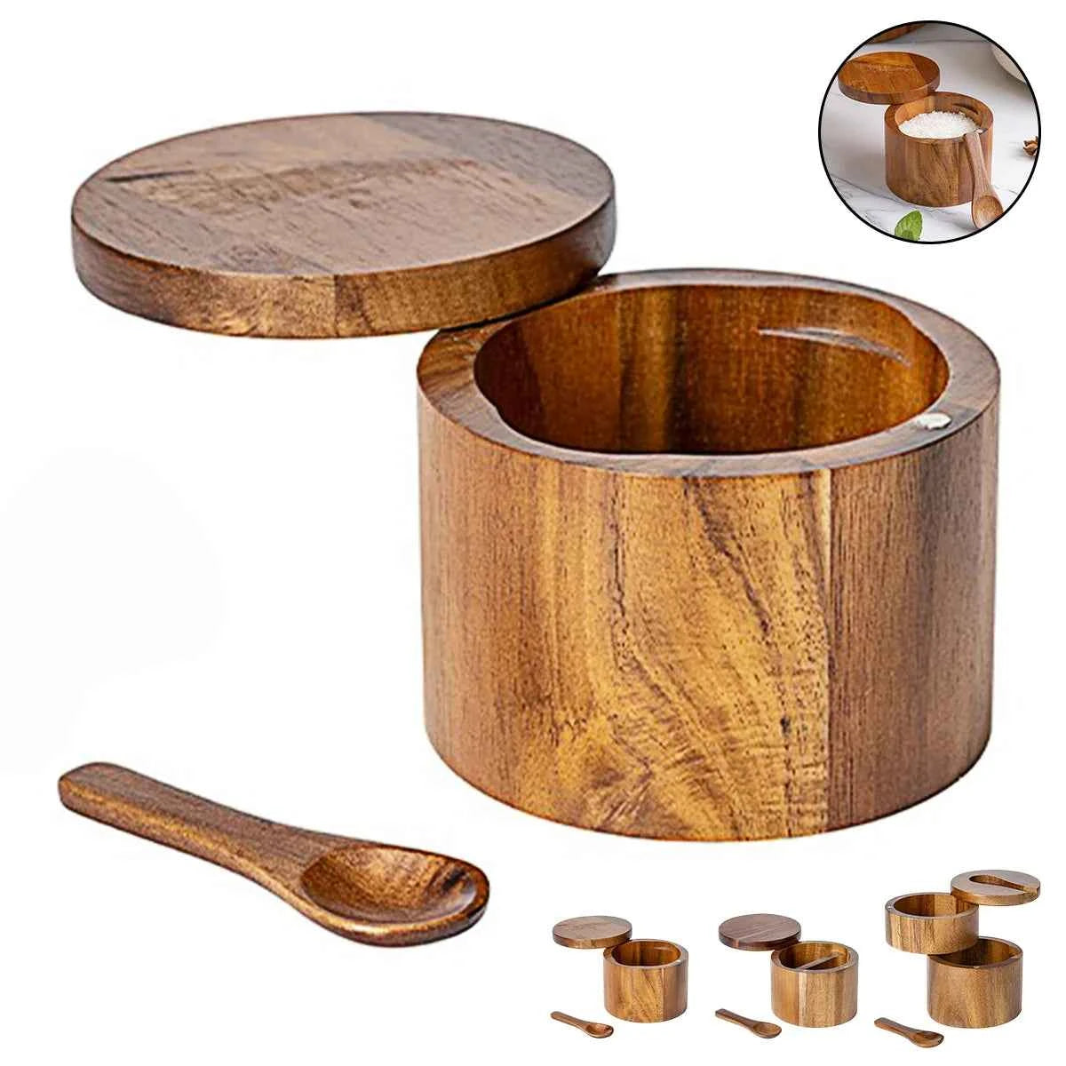 Acacia Wood Spice Jar with Spoon and Swivel Lid - The Silver Spoon