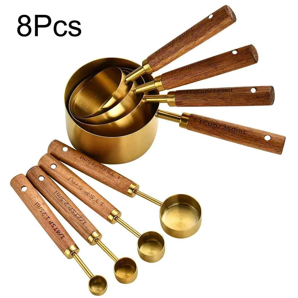 Stainless Steel Measuring Cups and Spoons Set with Scale Wooden Handle - 1/4/8pcs Kitchen Baking Tools - The Silver Spoon