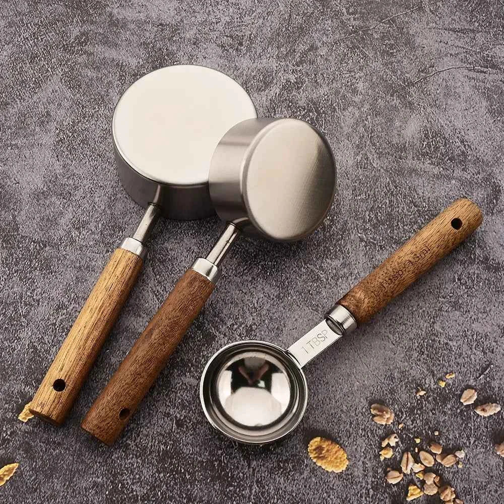 Stainless Steel Measuring Cups and Spoons Set with Scale Wooden Handle - 1/4/8pcs Kitchen Baking Tools - The Silver Spoon
