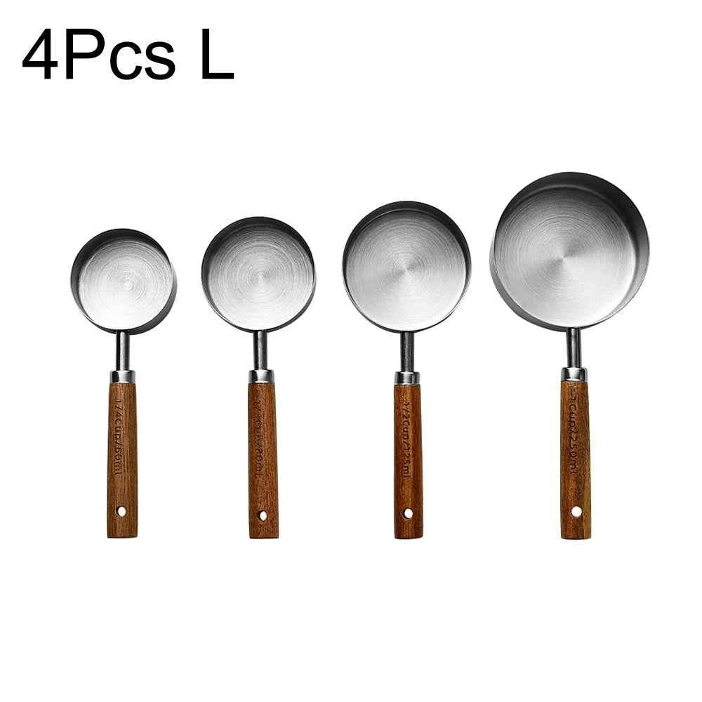 Stainless Steel Measuring Cups and Spoons Set with Scale Wooden Handle - 1/4/8pcs Kitchen Baking Tools - The Silver Spoon