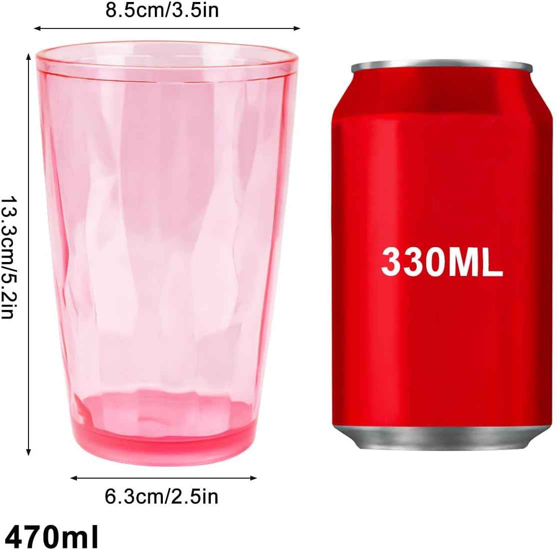TIE-DailyNec Pack of 6 Water Glasses, 470 ml, Colourful Plastic Drinking Glasses, Crystal Glass Look, Juice Glasses, Shatterproof Drinking Glass, Stackable Camping Glasses for Picnics, Camping,