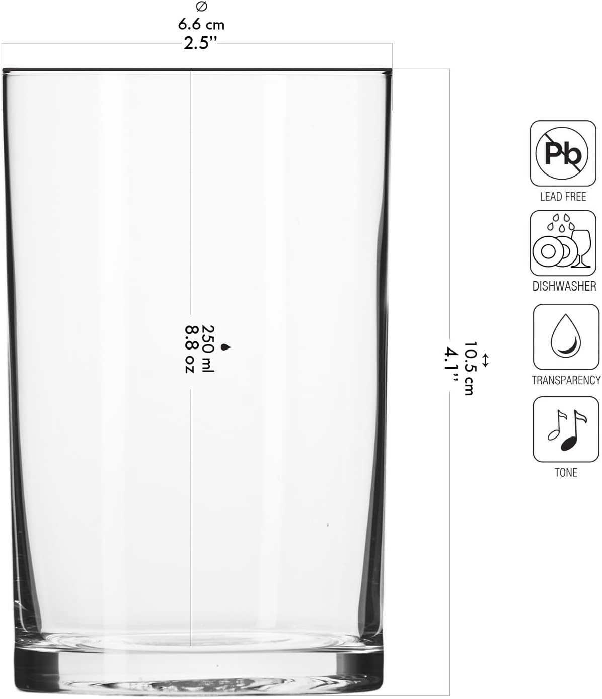 KROSNO Water Juice Tea Drinking Glasses | Set of 6 | 250 ML | Basic Collection | Perfect for Home, Restaurants and Parties | Dishwasher Safe