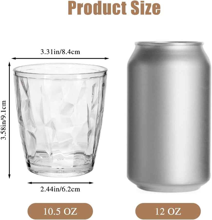 DIBALIYI Pack of 6 Clear Plastic Water Glasses, 310ml, Reusable Premium Acrylic Drinking Glasses, Shatterproof Crystal Glasses for Children and Adults, Stackable Juice Glasses for Home and Camping