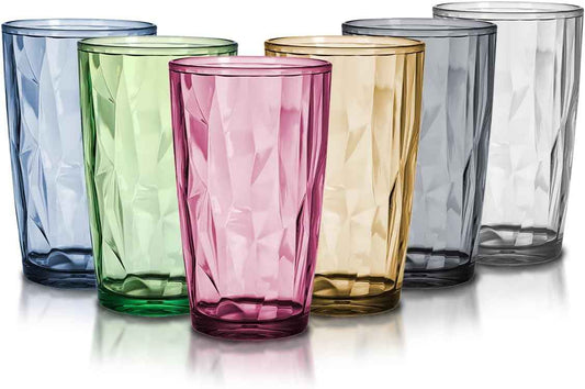 TIE-DailyNec Pack of 6 Water Glasses, 470 ml, Colourful Plastic Drinking Glasses, Crystal Glass Look, Juice Glasses, Shatterproof Drinking Glass, Stackable Camping Glasses for Picnics, Camping,