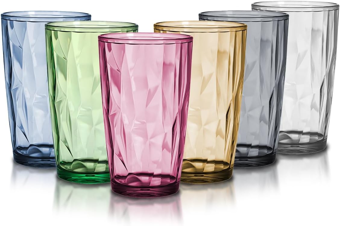 TIE-DailyNec Pack of 6 Water Glasses, 470 ml, Colourful Plastic Drinking Glasses, Crystal Glass Look, Juice Glasses, Shatterproof Drinking Glass, Stackable Camping Glasses for Picnics, Camping,