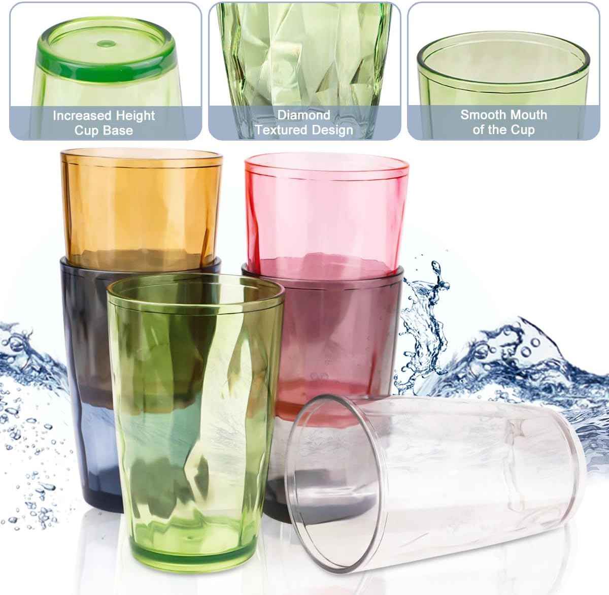 TIE-DailyNec Pack of 6 Water Glasses, 470 ml, Colourful Plastic Drinking Glasses, Crystal Glass Look, Juice Glasses, Shatterproof Drinking Glass, Stackable Camping Glasses for Picnics, Camping,