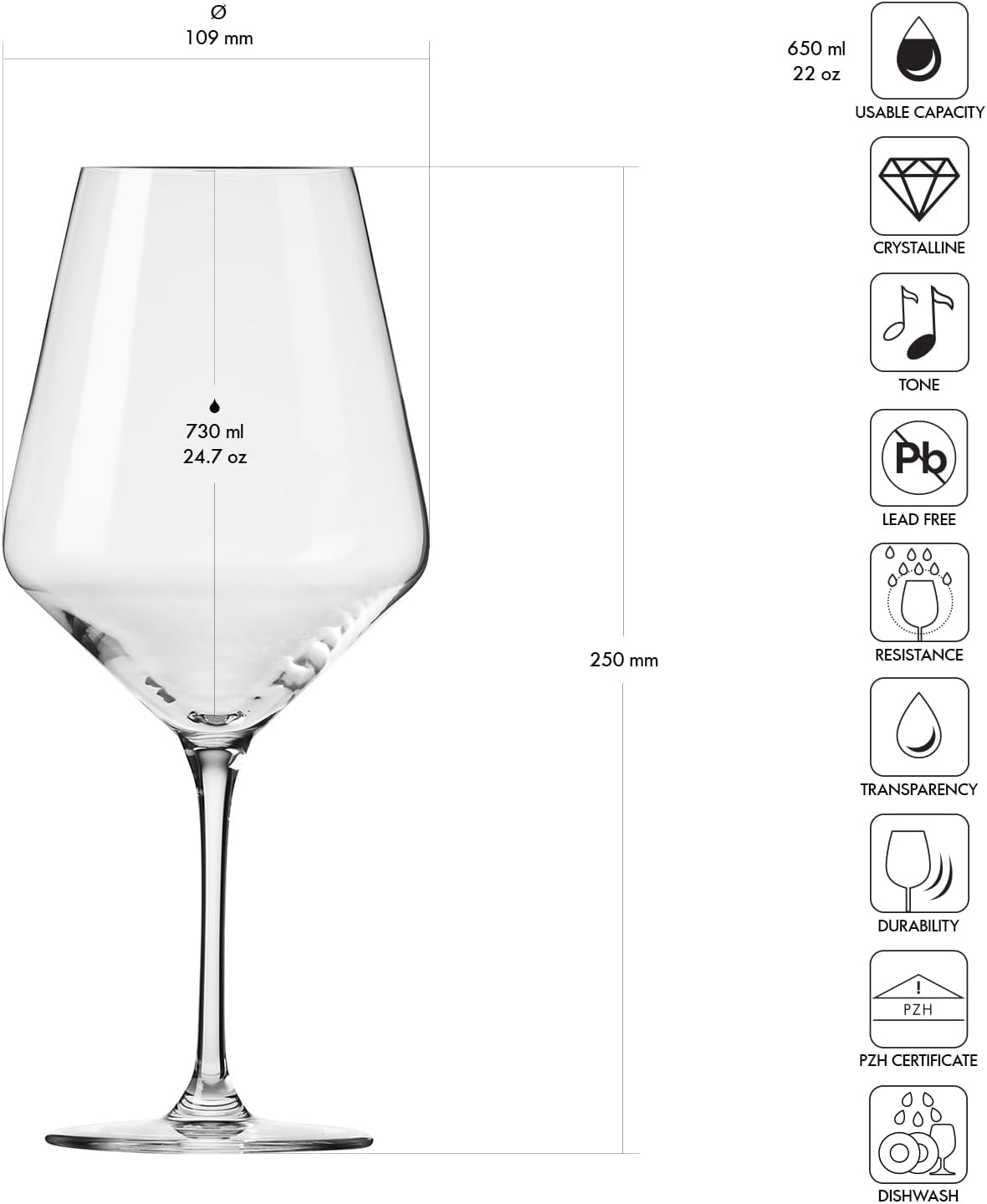 Krosno Crystal Red Wine Glasses, Set of 4, 650 ml, Avant-Garde Collection, Ideal for Home, Restaurant and Receptions, Dishwasher Safe