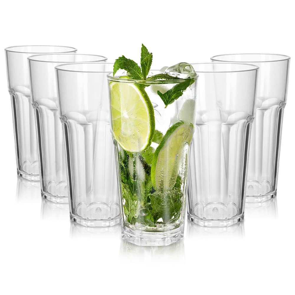 DIBALIYI Pack of 6 Clear Plastic Water Glasses, 310ml, Reusable Premium Acrylic Drinking Glasses, Shatterproof Crystal Glasses for Children and Adults, Stackable Juice Glasses for Home and Camping
