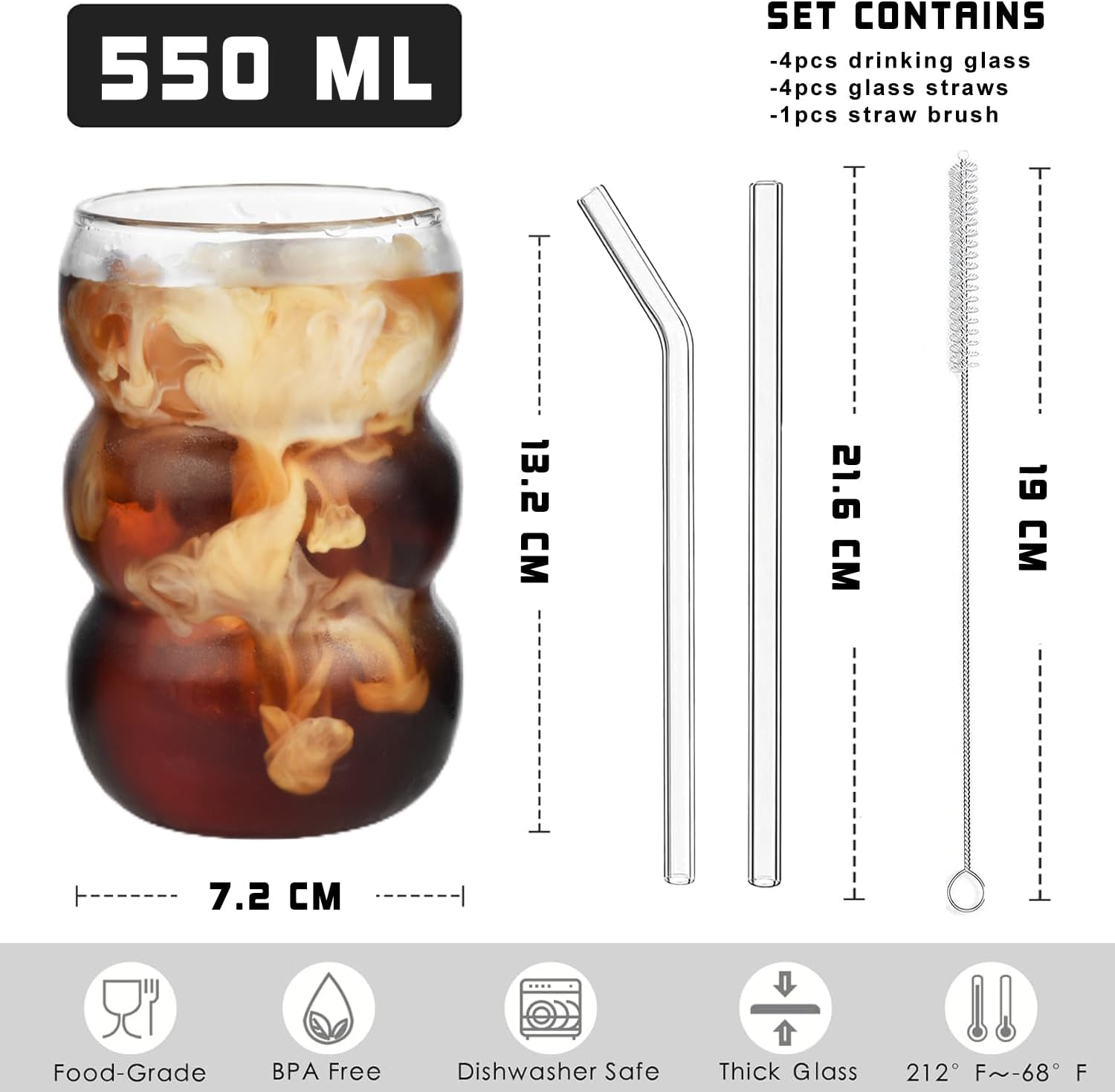 ALINK Bubble Glasses, Set of 4 Drinking Glasses, 550 ml, Wavy Drinking Glasses, Latte Macchiato Glasses, Iced Coffee Glasses, Long Drink Glasses, Cocktail Glasses