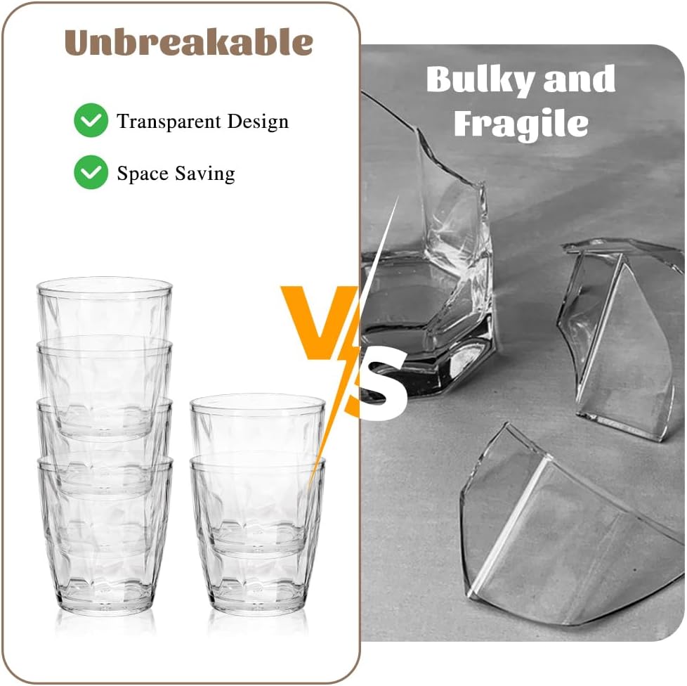 DIBALIYI Pack of 6 Clear Plastic Water Glasses, 310ml, Reusable Premium Acrylic Drinking Glasses, Shatterproof Crystal Glasses for Children and Adults, Stackable Juice Glasses for Home and Camping