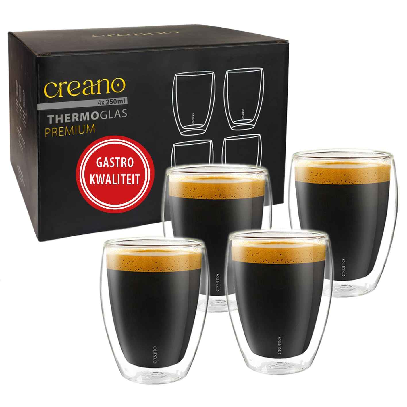 Creano Premium Double-Walled Drinking Glasses, 250 ml, Set of 6, Without Poem Hole, Therefore Gourmet Quality, 100% Dishwasher Safe, World First