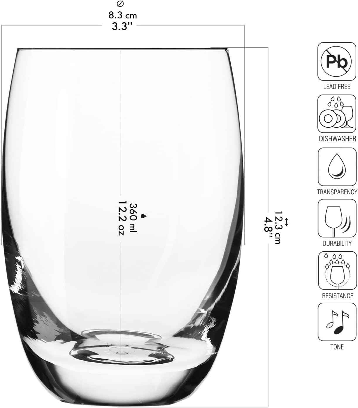 KROSNO Water Juice Drinking Glasses | Set of 12 | 360ml | Elite Collection | Crystal Glass | Perfect for Home, Restaurants and Parties | Dishwasher Safe