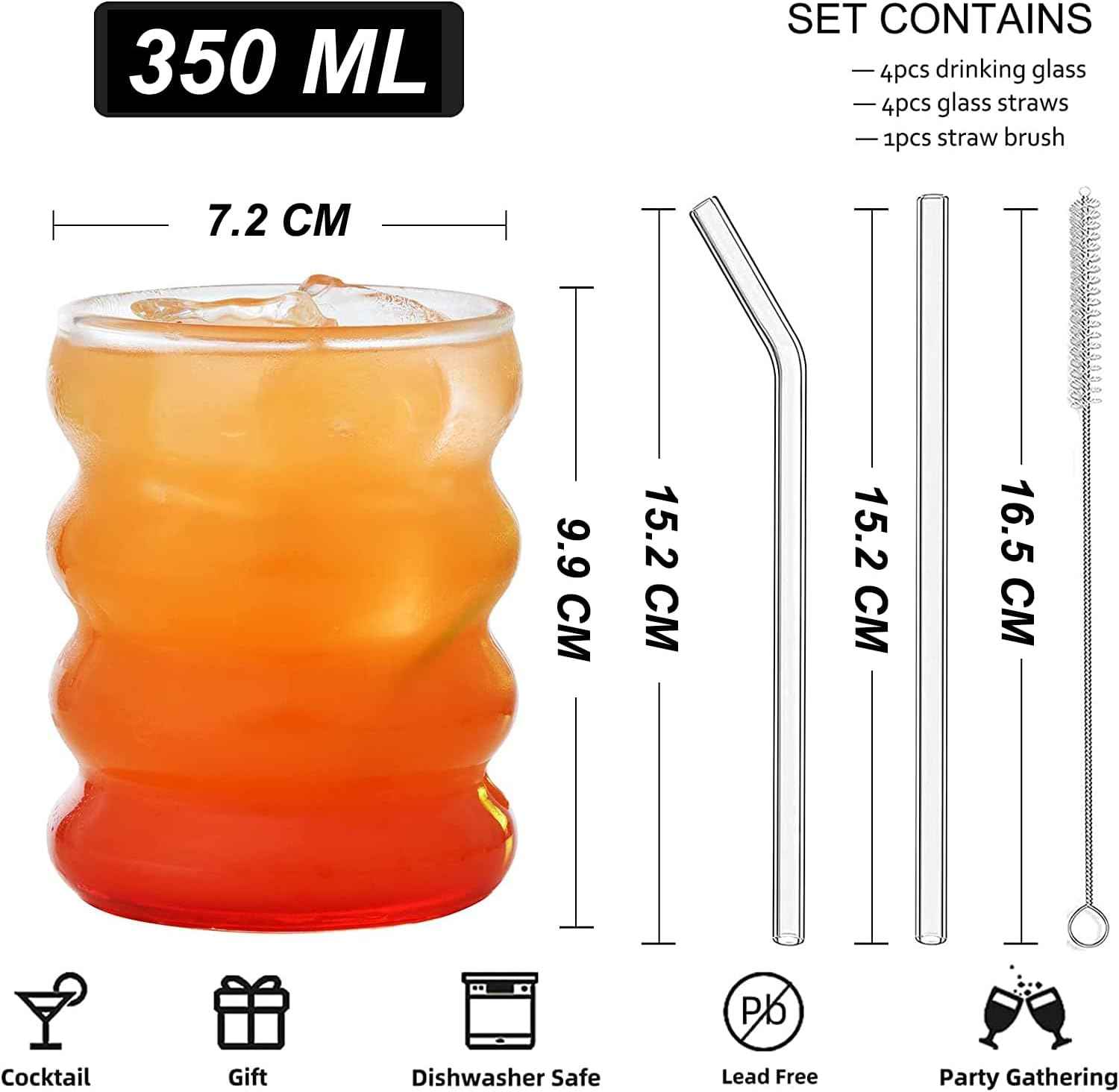 ALINK Ribbed Drinking Glasses with Glass Straws, Set of 4, 350 ml Iced Coffee Glasses, Wave Tumbler Beer Glasses for Cocktail, Milk, Water, Soft Drink, Gift with Brush