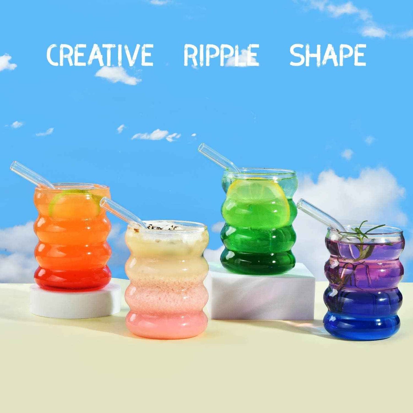 ALINK Ribbed Drinking Glasses with Glass Straws, Set of 4, 350 ml Iced Coffee Glasses, Wave Tumbler Beer Glasses for Cocktail, Milk, Water, Soft Drink, Gift with Brush