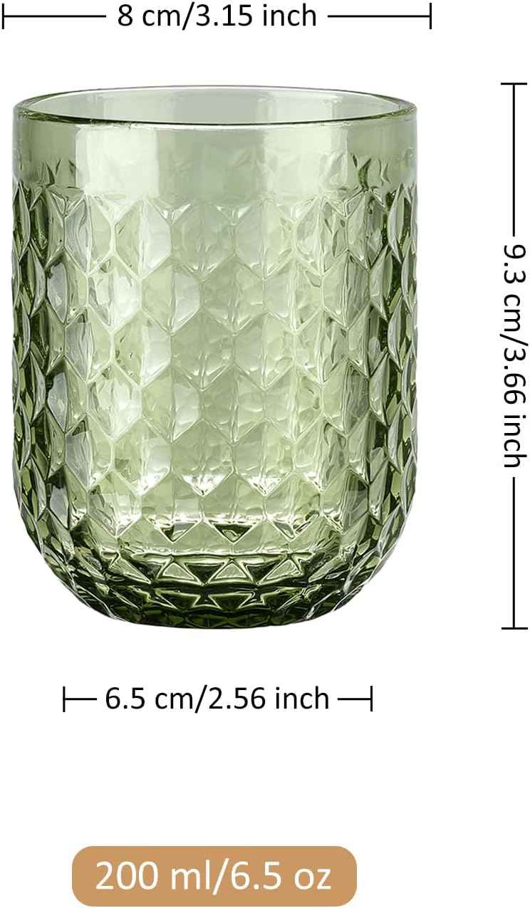 Joeyan Set of 6 Green Water Glass Glasses, 200 ml, Embossed Glass, Elegant Retro Colour Tableware, Glassware for Bar, Restaurant Home, Dishwasher Safe