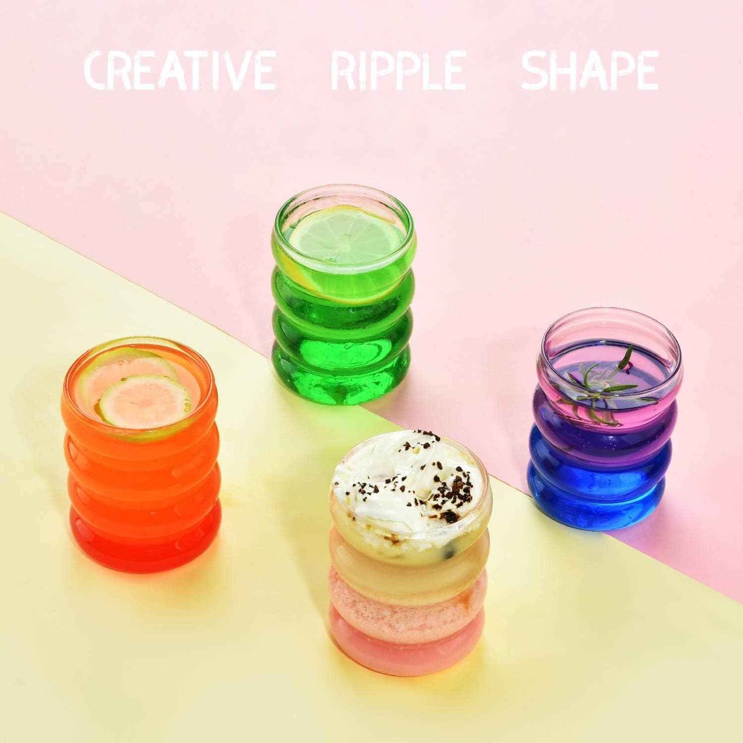 ALINK Ribbed Drinking Glasses with Glass Straws, Set of 4, 350 ml Iced Coffee Glasses, Wave Tumbler Beer Glasses for Cocktail, Milk, Water, Soft Drink, Gift with Brush
