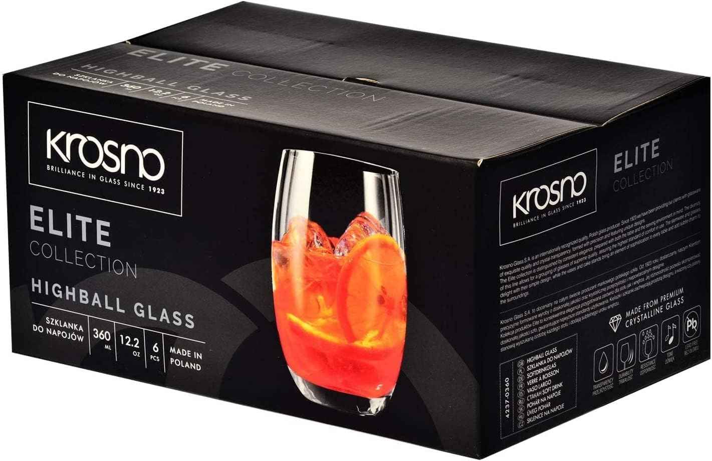 KROSNO Water Juice Drinking Glasses | Set of 12 | 360ml | Elite Collection | Crystal Glass | Perfect for Home, Restaurants and Parties | Dishwasher Safe