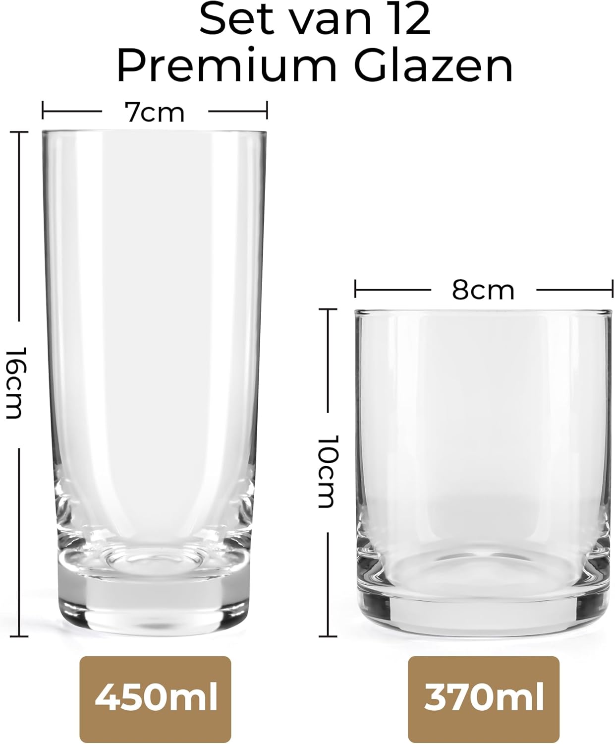 MIAMIO - Drinking glasses set of 12/6 x Small 370 ml and 6x Large 450 ml Glasses for Water, Cocktails, Tea and Beer - Dishwasher safe