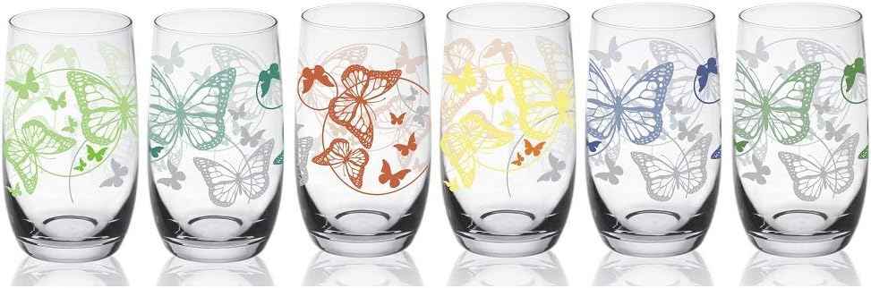 Sendez 6 Long Drink Glasses 320ml with Colorful Butterflies Water Glasses Juice Glasses Drinking Glasses