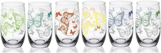 Sendez 6 Long Drink Glasses 320ml with Colorful Butterflies Water Glasses Juice Glasses Drinking Glasses