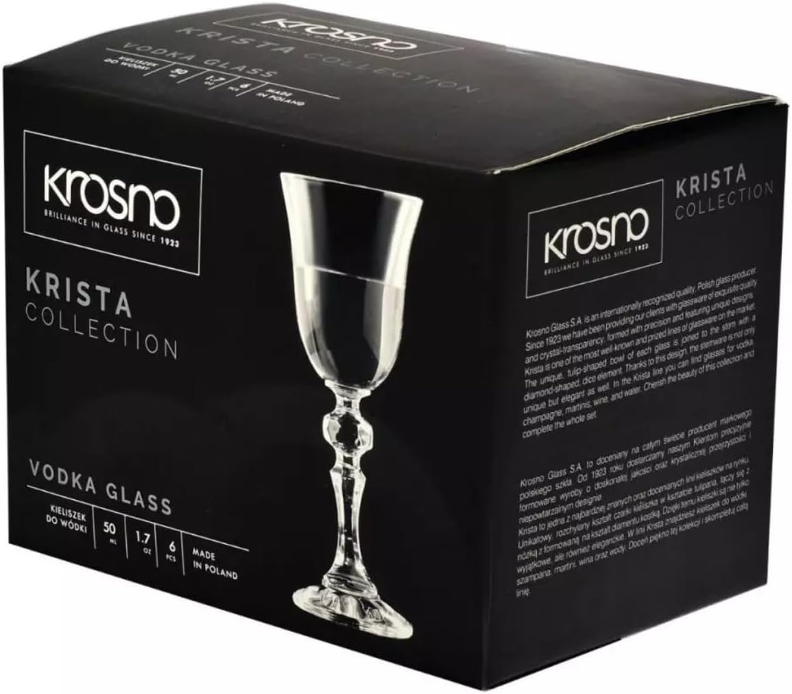 Krosno Vodka Shots Krista Collection Drinking Glasses, Set of 6, 50 ml, Cocktail Glasses, Liqueur Glass, Brandy Whisky Gin, Home Bar, Events and Kitchen, Dishwasher Safe Crystal Gift Set