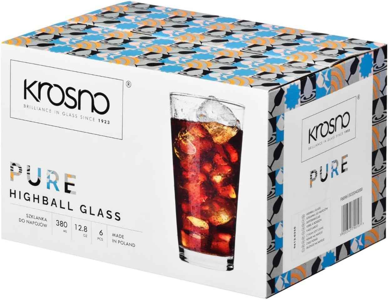 KROSNO Water Juice Drinking Glasses | Set of 6 | 380ml | Pure Collection | Crystal Glass | Perfect for Home, Restaurants and Parties | Dishwasher Safe