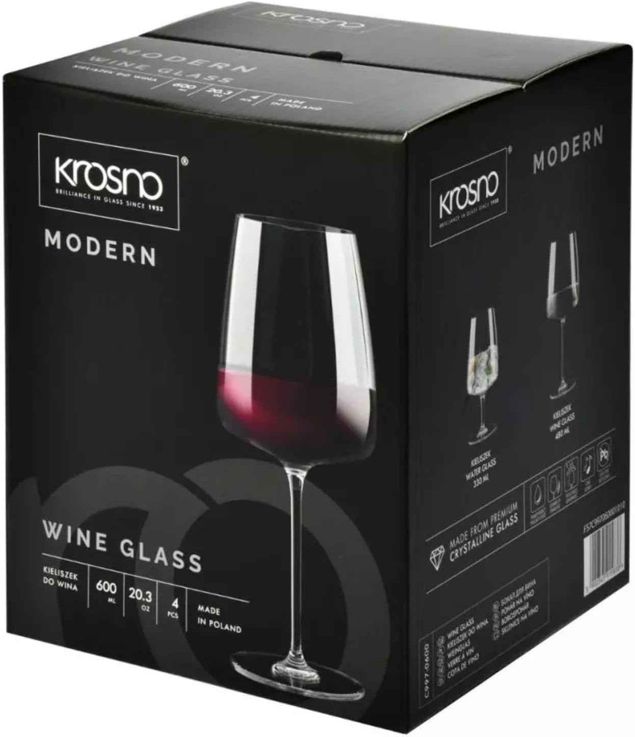 Krosno Red Wine Glasses Set of 4 600 ml Modern Collection Drinking Glasses Wedding Gift Perfect for Home, Restaurant and Kitchen, Dishwasher Safe