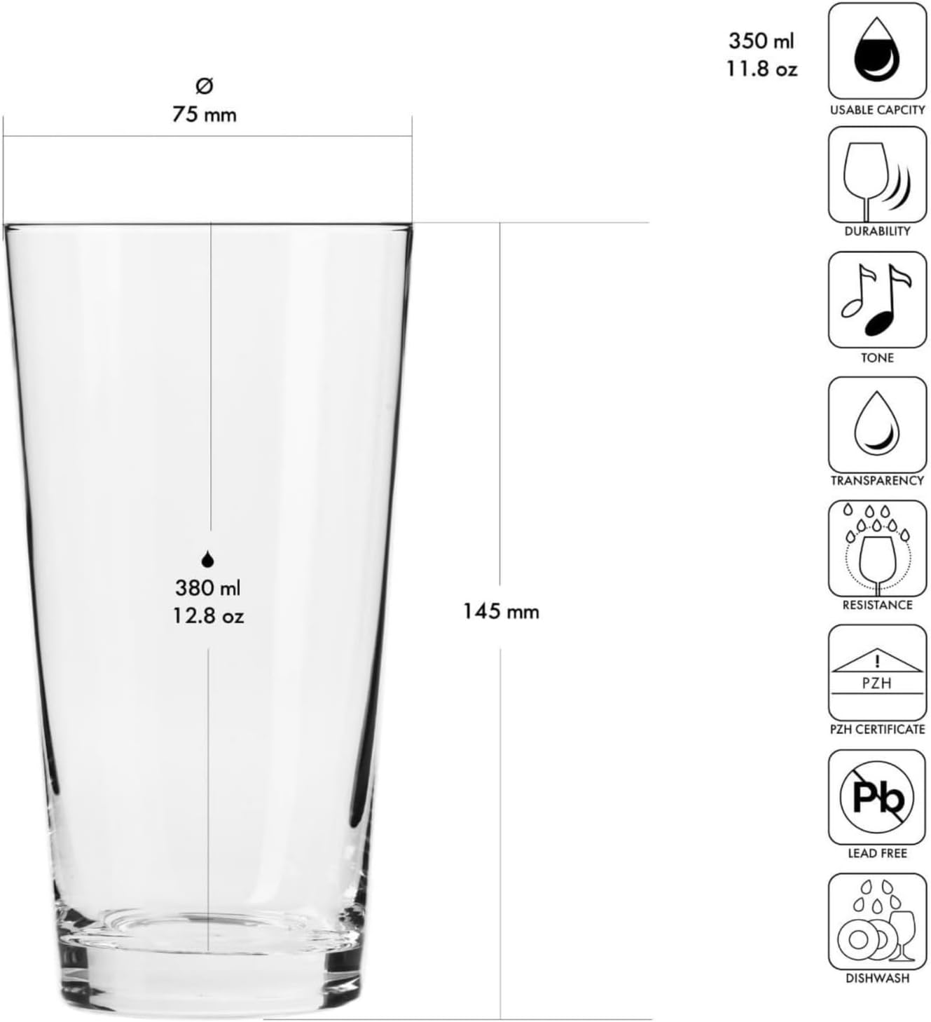 KROSNO Water Juice Drinking Glasses | Set of 6 | 380ml | Pure Collection | Crystal Glass | Perfect for Home, Restaurants and Parties | Dishwasher Safe